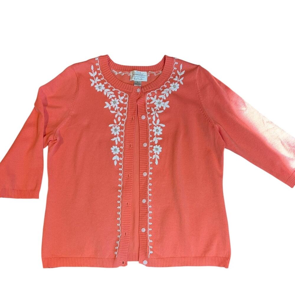 Vintage Women's Hand Embroidered Beaded Floral Cardigan MEDIUM Coral Pink VTG - Picture 2 of 10